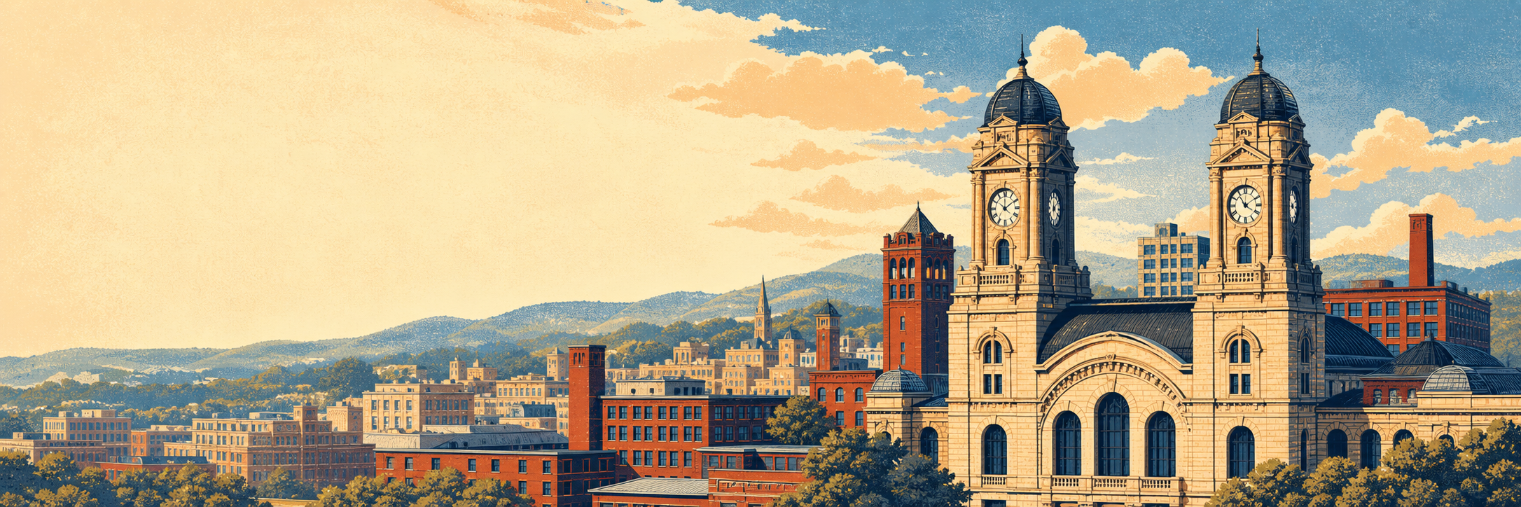 Original illustrated panorama inspired by Worcester Union Station and the city skyline